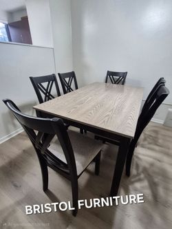❇️ Dining Set 7 Pcs, Black Frame, Top Light Gray, New In The Box