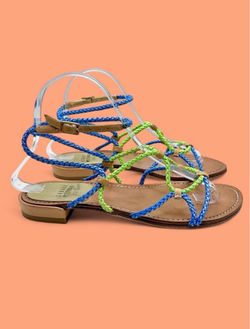 Stuart Weitzman Braided Rope Cordy Designer Sandals Boho blue green tan Sz 6.5