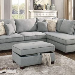 Brand New Light Grey Sectional Sofa With Storage Ottoman 