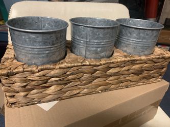 Woven basket planter/organizer with 3 galvanized metal pots