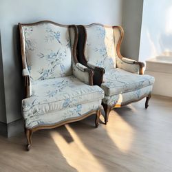 2 Baker Louis XV French Country Bergere Wingback Chairs