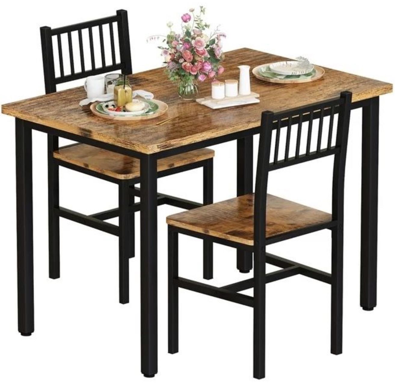 3 Piece Dining Table Set, Industrial Kitchen Table and 2 Chairs with Metal Frame, Dining Room Table Set, Breakfast Table Set fo