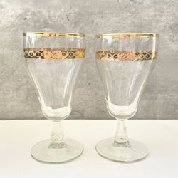 Vintage Libbey 22K Etched Gold Trimmed Goblet Glasses Mid Century Set Of 2