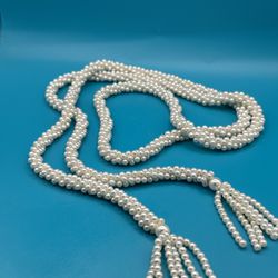 Long Faux Pearl Tasseled Necklace Think Roaring 20’s Measures 50” Multiple Wearing Options Great Condition 