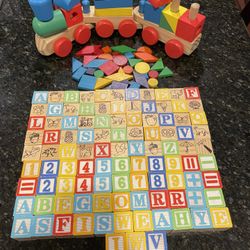 Wooden Toy Lot: Melissa & Doug Stacking Train, ABC Blocks, Geometric Shapes