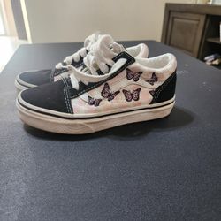 Vans Old Skool Checkerboard Skate Shoe - Little Kid - Black / White / Butterflies