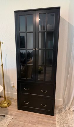 Black Curio Display Cabinet with Tempered Glass Door & Adjustable Shelves