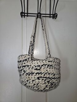 Handmade Crochet Hanging Basket Black White Wool Acrylic Wall Pocket