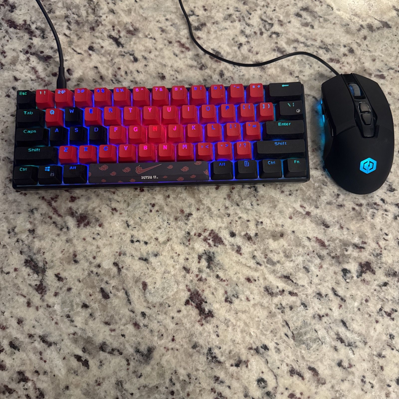 RK61 Royal Kludge-Black Custom Naruto Akatsuki Keycaps- Blue Switches- RGB Optical Gaming Mouse