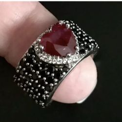 Victoria Wieck Genuine Ruby, Black Spinel and White Topaz Solid Sterling Silver Ring Size 8