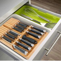 in-Drawer Knife Block Bamboo Kitchen Knife Drawer Organizer, Large Handle Steak 