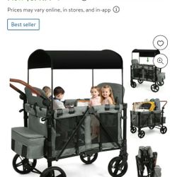 Vomeast Wagon Stroller for 4 Kids, 3-in-1 Wagon Stroller with Canopy, 5-Point Harness, Adjustable Handlebars, Removable Seat for Toddlers, Grey