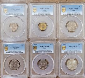 Sale / venta
Cuban PCGS gold shield priced as listed below. 
Shipping $8

1915 centavo ms65 $190
1953 centavo ms65 $190
1946 5 centavos ms65 $