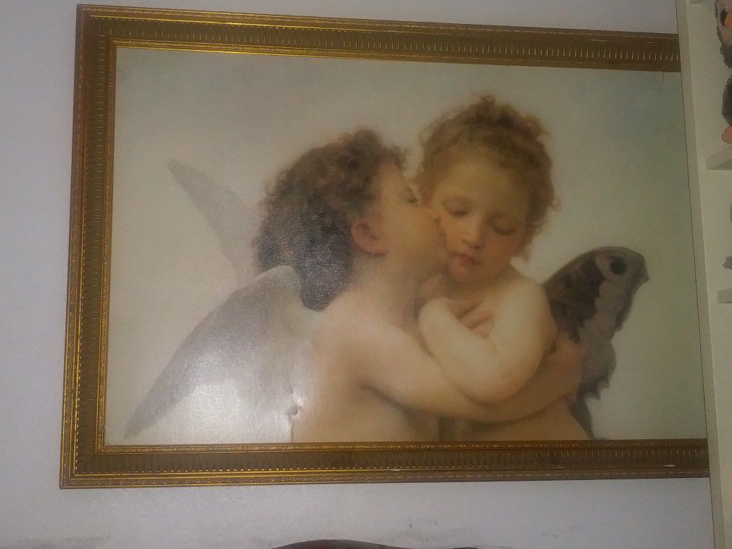 Big print of. Boy angel kissing little girl butterfly.