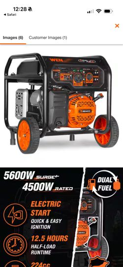 WEN 5,600-Watt Dual Fuel Portable Gasoline Generator with Wheel Kit, Electric Start, and CO Watchdog