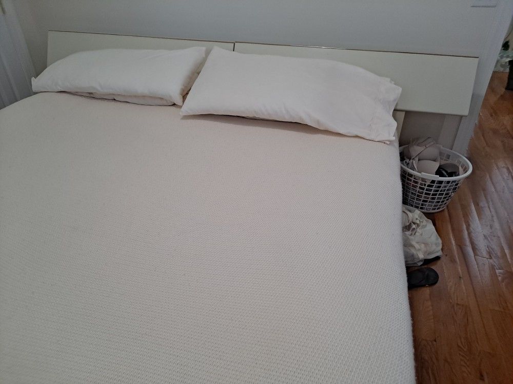 Cream Color LAQUAR King Platform Bed With 3 Year Old Matress With Topper, 2 Matching Storage Bins, Matching Armoire