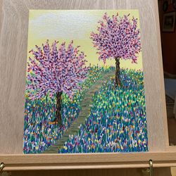 Abstract Trees in a Field of Flowers Original Acrylic Painting With Beautiful Colors, Artist Signed, 8 x 10, Unframed