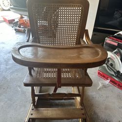 Vintage Convertible Child’s High Chair & Rocking Chair, Tray, Cane Seat, Working