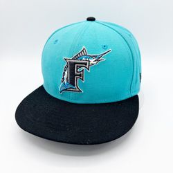 Florida Marlins New Era 59FIFTY Fitted Hat Teal Black Mens Size 7-1/4 Retro Logo
