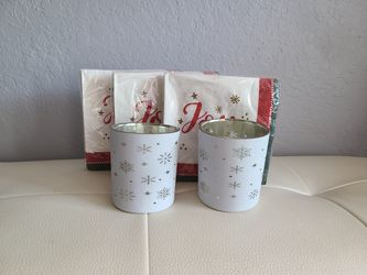 2 white snowflakes candle holders with 3 packs of joy napkins