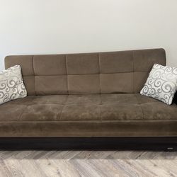 Selling a dark brown sofa set: includes 1 large sofa, 1 loveseat (seats two), and 1 armchair. All pieces have built-in storage.