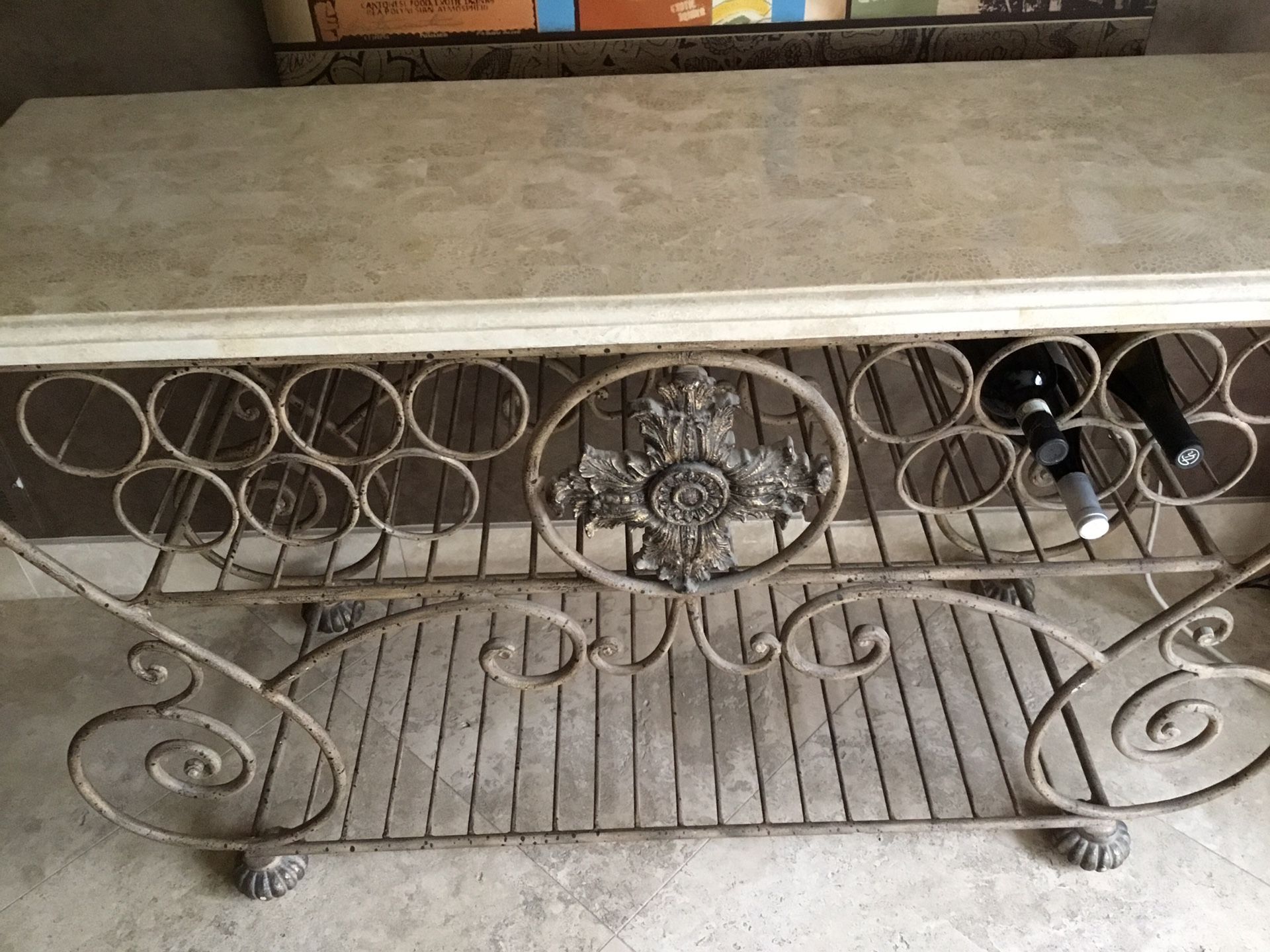 WROUGHT IRON & MARBLE WINE CONSOLE TABLE