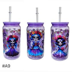 Catrina Sugar Skull Colorful Floral Acrylic Plastic Tumbler Cup 16oz Purple
