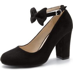 MAIERNISI JESSI Women's Bow Ankle Strap Pumps Block Heel Round Closed Toe Mary Jane Dress Shoes