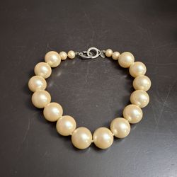 Vintage 1980's Les Bernard Faux Pearl Choker Necklace, Oversized Champagne Glass Beads, Hook On Closure, Signed Stamp Les Bernard 15"