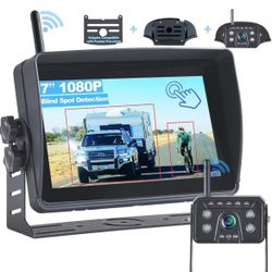 Wireless RV Backup Camera System with Blind Spot Detection, 7'' HD Touch Screen Monitor with 1080P Rear View Camera, Loop Recording IP69 Waterproof IR