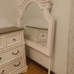White And Brown Vintage Dresser With Mirror