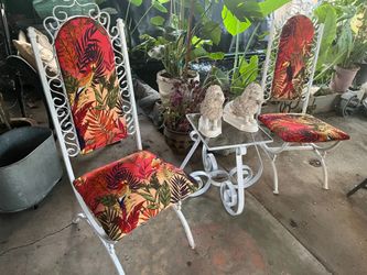 Two vintage chairs two vintage poodles one table