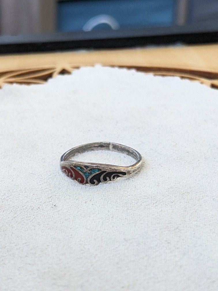 Sterling Silver, Turquoise, Red Coral, Onyx Mexican Ring Aztec Native Indigenous