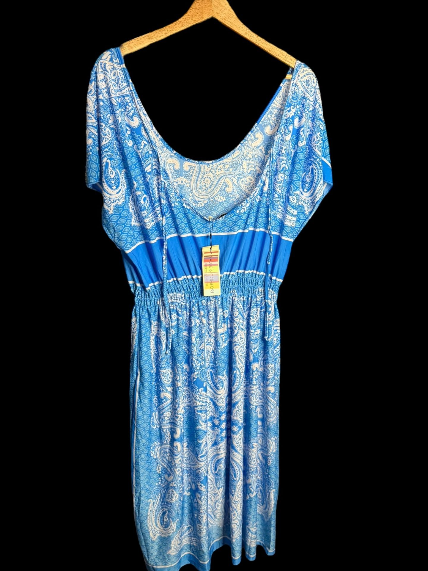 Young USA Blue Paisley Midi Dress Boho Summer Casual Stretch Scoop Neck NWT  -  woman’s size Large