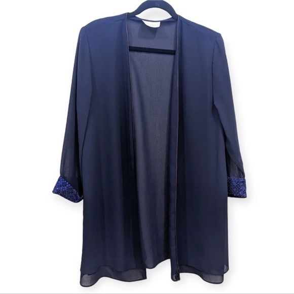 Vintage Traditions Sheer Navy Blazer Cardigan Sequin Sleeve Detail Woman Large