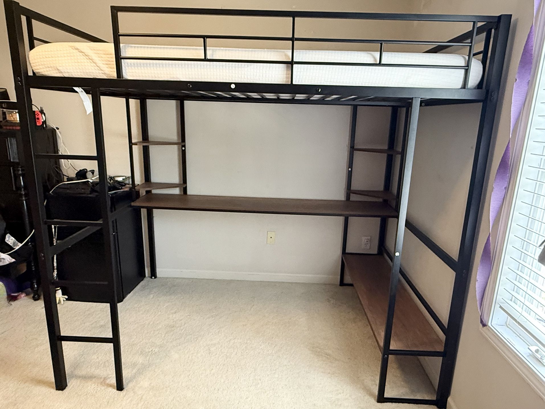 Loft Bed with desk, Shelves, and Memory Foam Mattress