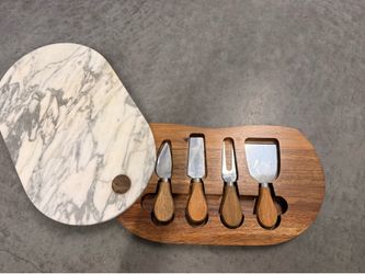 Marble and Wood Cheese Board Set with 4 Knives