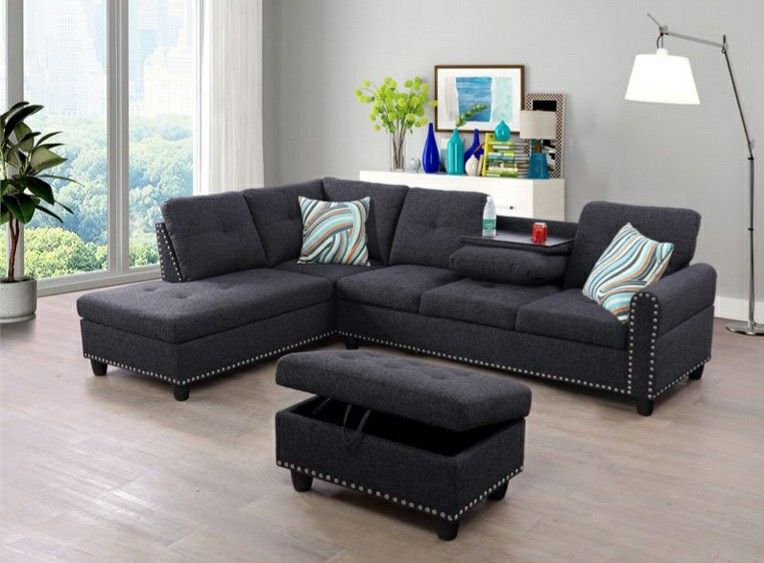 Brand New Charcoal Gray Linen Sectional With A Drop Down Table Built In Cup Holders & Storage Ottoman