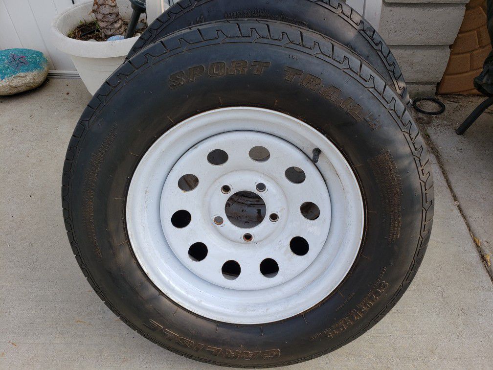 Used Trailer Tires 205 / 75 / 15 , w/ 5 lug White Rims