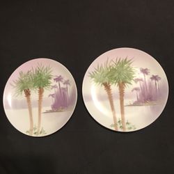 2 Bavaria Plates 1900 Gold Trim Marked WR Palm Trees by JH Stouffer Hand Painted