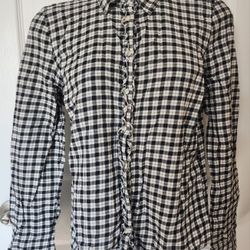 Aeropostale Women Shirt Black White Gingham Collared Button Ruffle Cotton Sz XL 