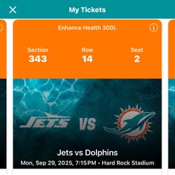 Dolphins vs Jets  Monday Night Football 3tkts & Parking 