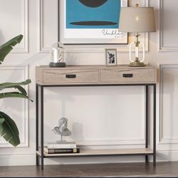 Oak Wood Console Table with 2 Drawers, Hallway Foyer Table with Storage Shelves, Narrow Long Sofa Table, Side Table for Living Room, Hallway, Black Me