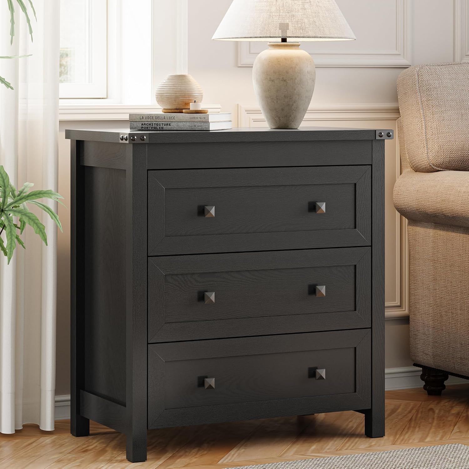 Dresser for Bedroom with 3 Drawers, 27.55" Wide Small Chests of Drawers, Farmhouse Wood Nightstand Bedside Cabinet End Table, Modern Closet Storage Or