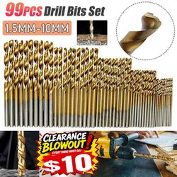 99PCS Drill Bit Set 1/16"-3/8" HSS Titanium Multi Bits Metal Tools Twist Wood