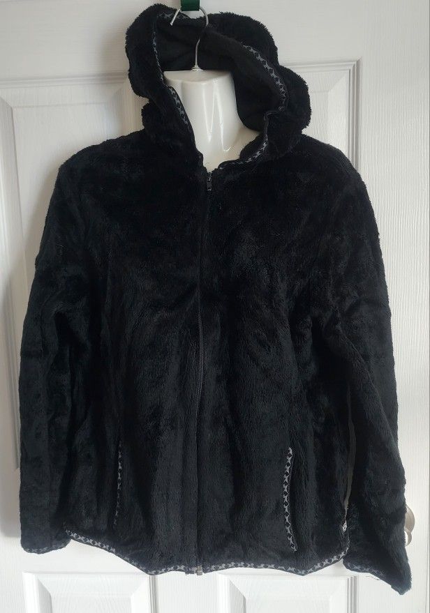 KERRITS Women’s Faux Fur Jacket Hoddie Full Zip Front Black Sz L (Small)