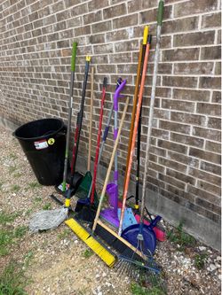 Yard & Cleaning Tool Lot – Brooms, Rakes, Mop, Dustpan & Trash Bin