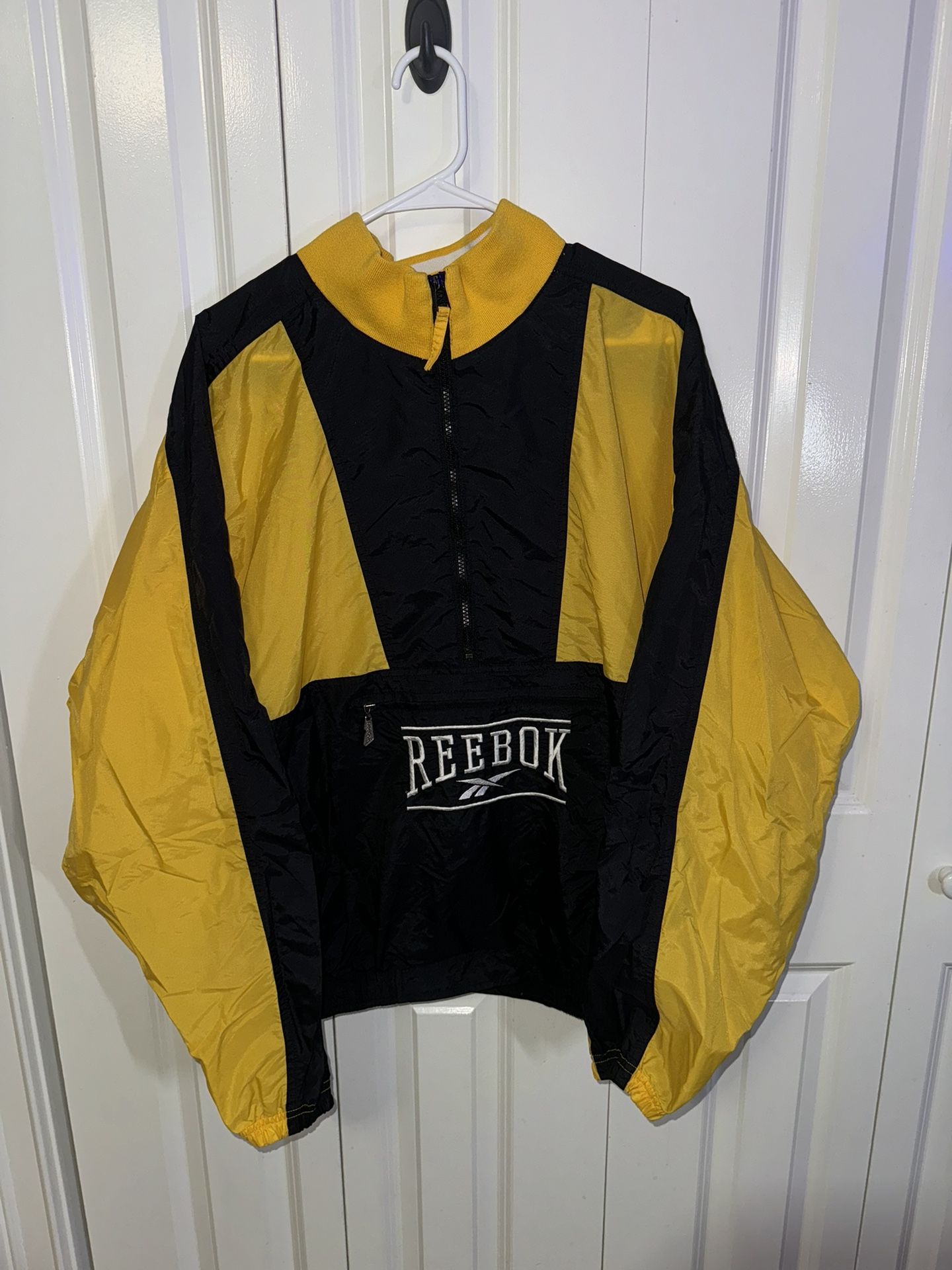 Vtg 90s Reebok Mens L Windbreaker Yellow Black Jacket Water Resistant Pullover