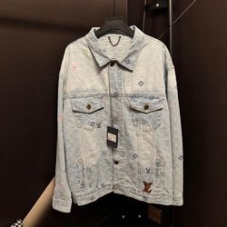 Small flower letter embroidered lapel single-breasted denim jacket unisex L