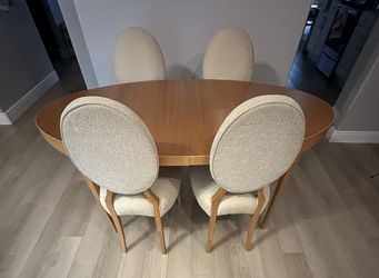 Mid-Century Modern Light Wood Dining Set – Oval Table, Upholstered Chairs + Matching Sideboard Console Buffet with Drawers and Cabinets